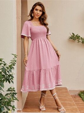 Pink Square-Neck Midi Dress - Elegant Summer Style